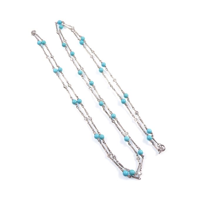 Platinum, turquoise bead and spectacle set diamond long chain necklace | MasterArt